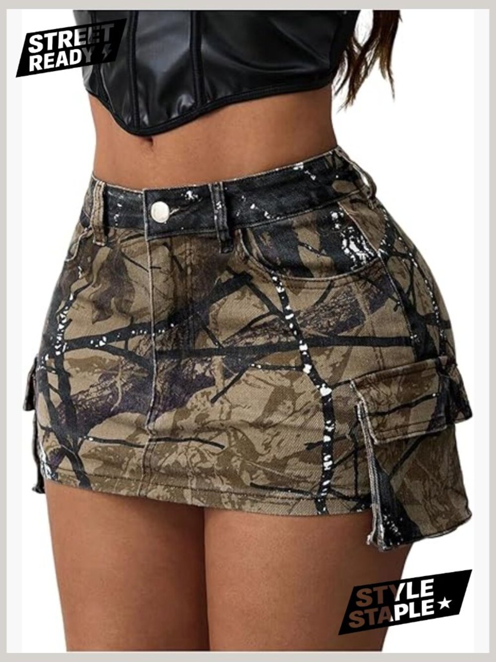 Y2k Camo Print Mini Cargo Skirt Low Rise Bodycon with Flap Pockets - Picture 1 of 6